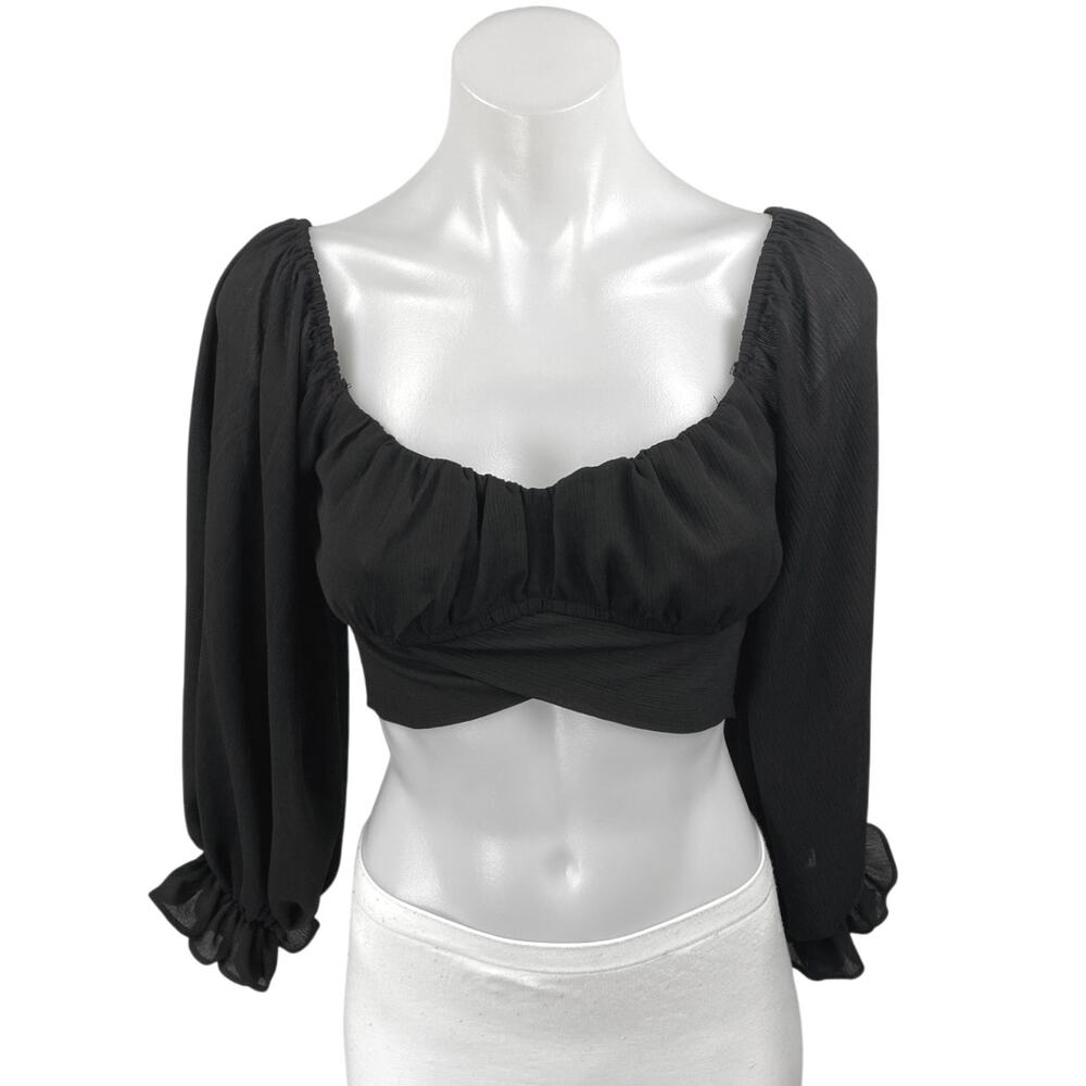 Hello Molly Women's Black 3/4 Puff Sleeve Wrap Tie Back Crop Blouse Top Size XS